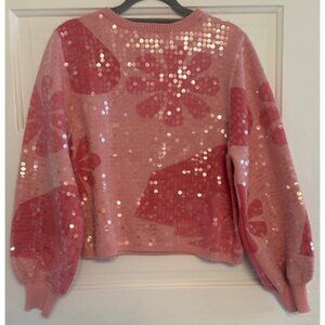 Ring Street Designs. Sequined Cropped Pink Sweater with Flower Design. Size M.